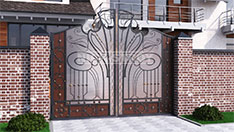 Распашные кованые ворота, обшитые поликарбонатом, стальным листом и коваными узорами. От 180 000 ₽ за шт.