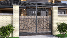 Кованые ворота с обшивкой из дерева и коваными узорами. От 160 000 ₽ за шт.